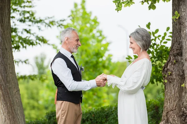 Side view of cheerful mature man in formal wear holding hands with smiling bride in wedding dress in garden — Foto stock