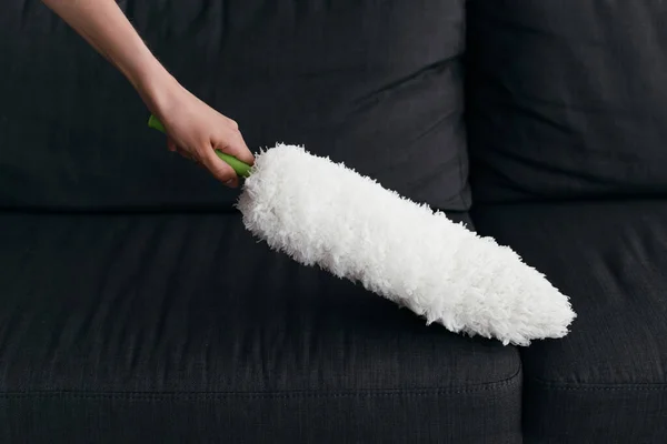 Частичный вид на женский диван с пыльной щеткой — стоковое фото