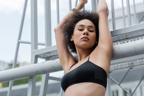 Low angle view of african american sportswoman standing near fence with raised hands and looking at camera — Fotografia de Stock