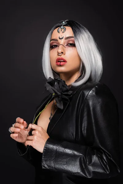Sexy Hexe Stil Frau in Lederjacke hält dunkle Rose isoliert auf schwarz — Stockfoto