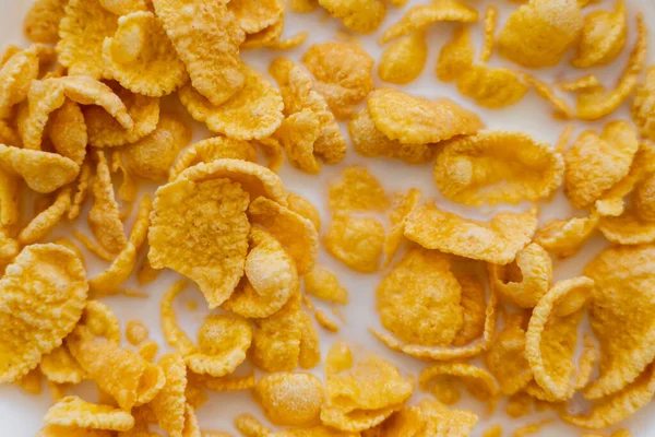 Close up view of crispy corn flakes in bowl with organic milk — Stock Photo