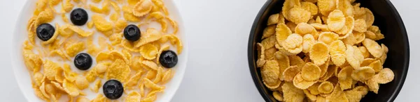 Top view of bowls with dry and wet corn flakes in milk with blueberries isolated on white, banner — Stock Photo