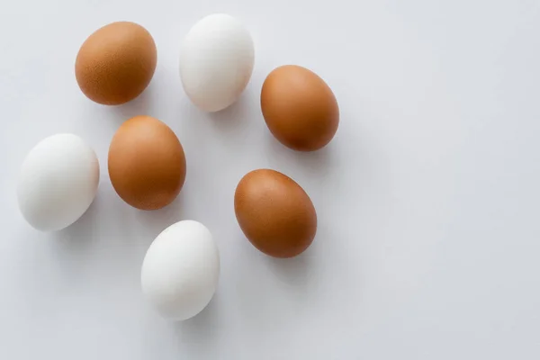 Vue du dessus des œufs de poulet bio sur fond blanc — Photo de stock