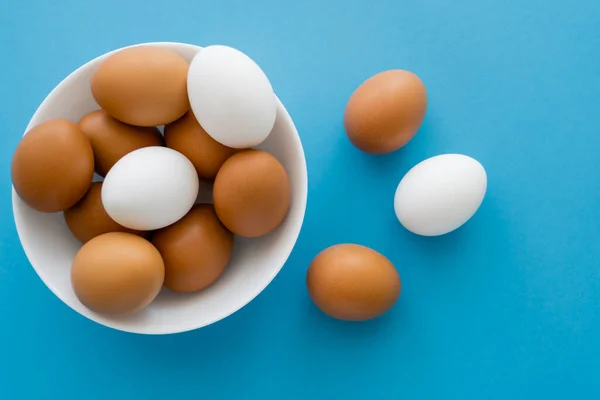 Top view of brown and white eggs in bowl on blue background — Stock Photo