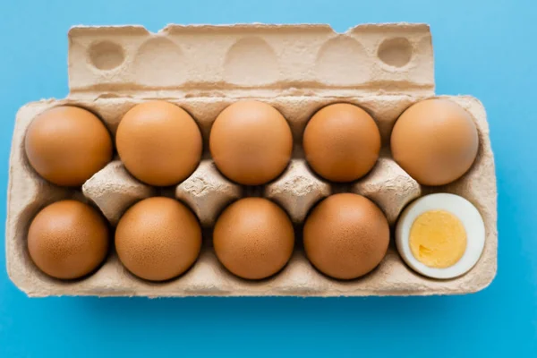 Top view of cut boiled and raw eggs in cardboard container on blue background — Stock Photo