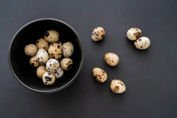 Top view of natural quail eggs in bowl on black background — Stock Photo