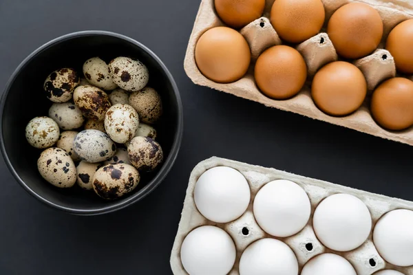 Vue du dessus des œufs de poulet et de caille dans un bol et des récipients sur fond noir — Photo de stock