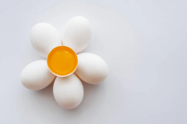 Puesta plana con yema en cáscara sobre huevos sobre fondo blanco - foto de stock
