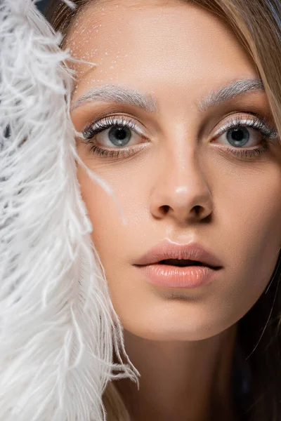 Portrait de jolie jeune femme regardant la caméra tout en posant avec plume blanche — Photo de stock