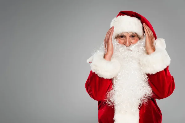 Bearded father christmas in costume looking at camera isolated on grey — Stock Photo