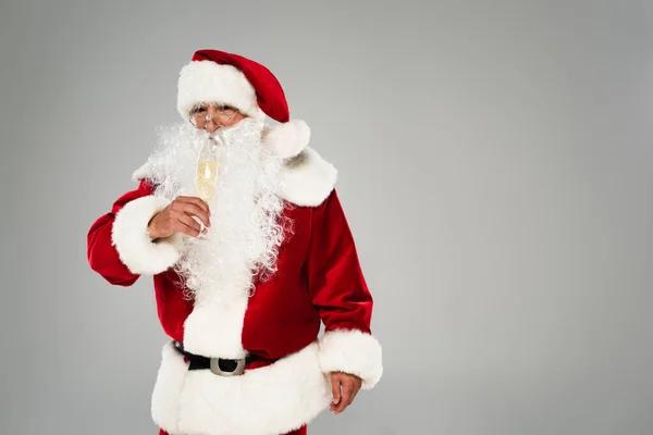 Santa claus in red costume holding champagne glass isolated on grey — Stock Photo