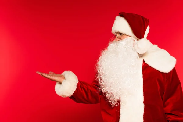 Barbudo santa claus apuntando con la mano sobre fondo rojo - foto de stock