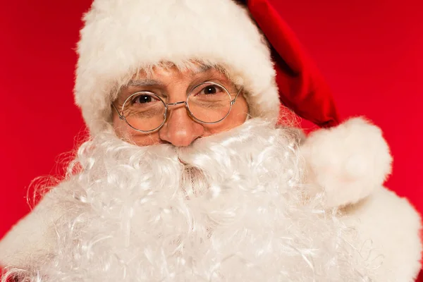 Портрет бородатого Санти Клауса в окулярах дивиться на камеру ізольовано на червоному — стокове фото
