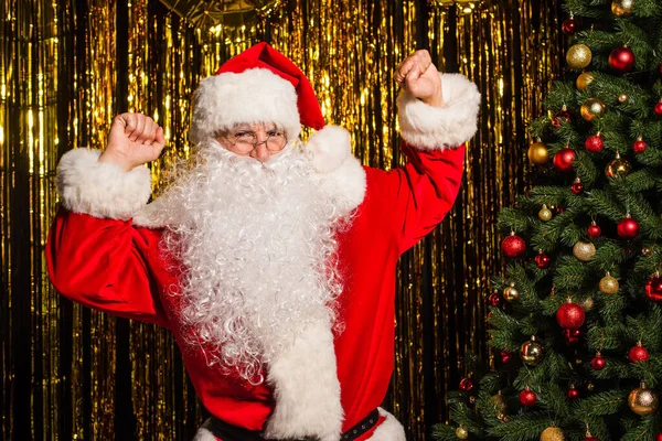 Emocionado Santa Claus mostrando sí gesto cerca de árbol de Navidad y oropel - foto de stock