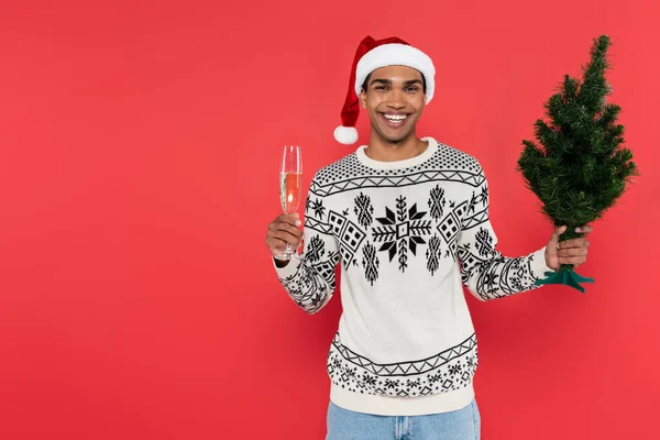 Hombre afroamericano complacido con copa de champán y pequeño árbol de Navidad mirando a la cámara aislada en rojo — Stock Photo
