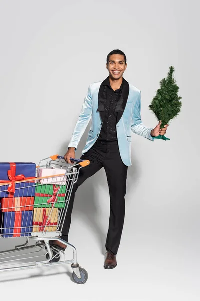 Happy and stylish african american man with small christmas tree near shopping cart with gift boxes on grey background — Stock Photo