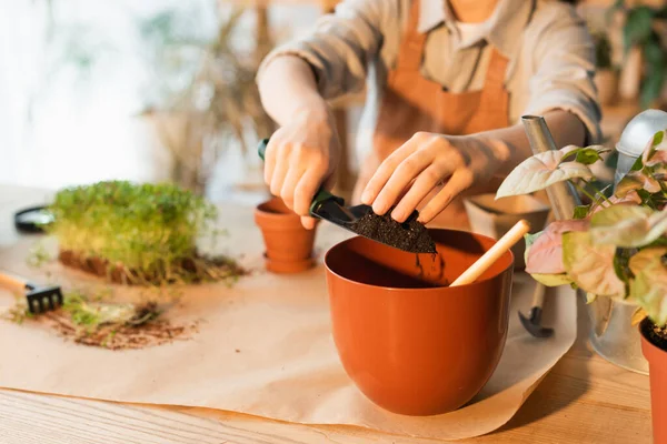 Vista ritagliata della ragazza offuscata versando terreno in vaso vicino alle piante a casa — Foto stock