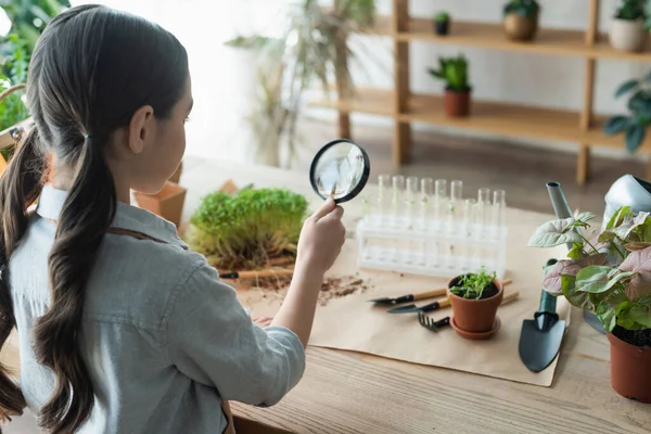 Mädchen hält Lupe in der Nähe von Pflanzen und Reagenzgläsern — Stockfoto