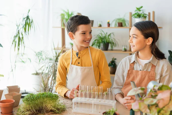 Preteen enfants dans des tabliers regardant les uns les autres près des tubes à essai et des plantes à la maison — Photo de stock