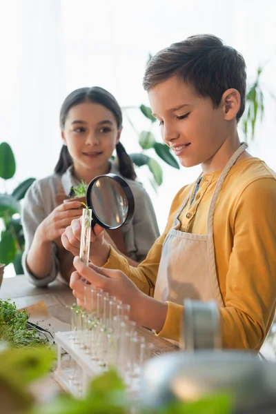 Cheerful boy holding magnifying glass and test tube near blurred friend and plants at home — Stock Photo