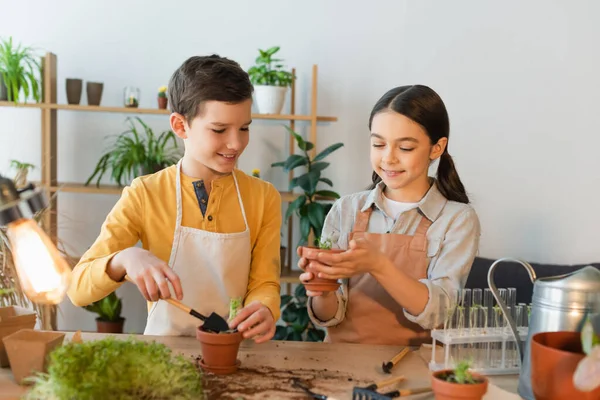 Smiling girl holding flowerpot with plant near friend and gardening tools at home — Stock Photo