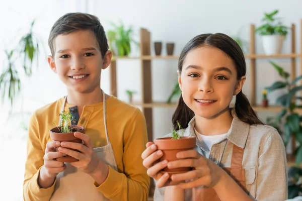 Enfants souriants dans des tabliers tenant des pots de fleurs avec des plantes à la maison — Photo de stock