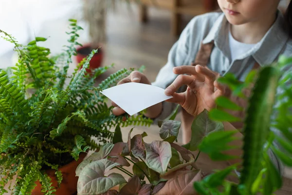 Cropped view of girl holding sticky note near plants at home — Stock Photo