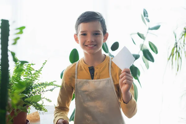 Niño positivo en delantal sosteniendo nota adhesiva vacía cerca de las plantas en casa - foto de stock