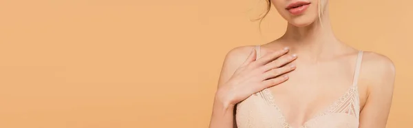 Abgeschnittene Ansicht einer jungen Frau im BH, die die Brust berührt, isoliert auf beige, Banner — Stockfoto
