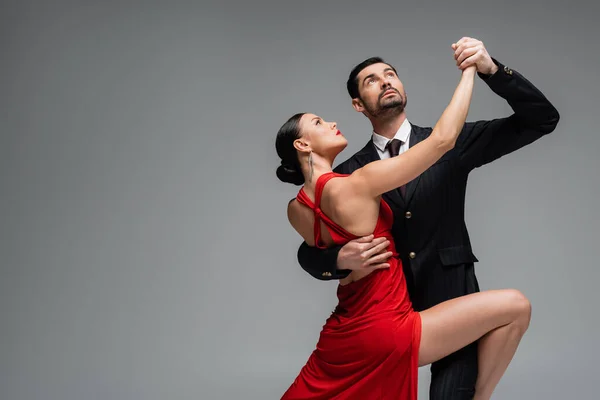 Elegantes bailarines tomados de la mano mientras bailan tango aislados en gris - foto de stock