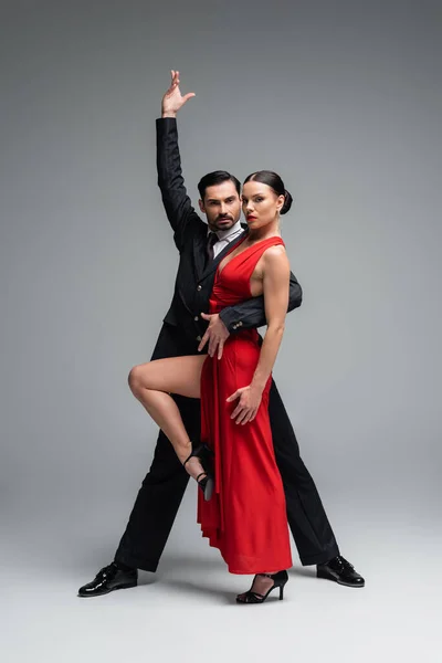 Full length of professional ballroom dancers looking at camera on grey background — Stock Photo