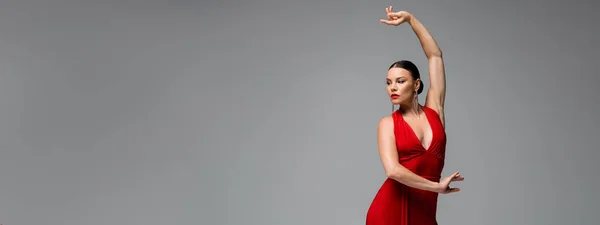 Danseuse professionnelle élégante exécutant le tango isolé sur gris, bannière — Photo de stock