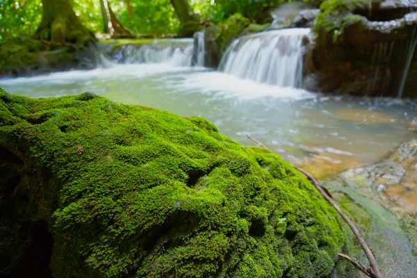 Moss en roca y cascada en el Parque Nacional Than Bok Khorani, Th — Foto de Stock