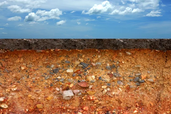 Road cracks and disintegrates with blue sky. — Stock Photo, Image