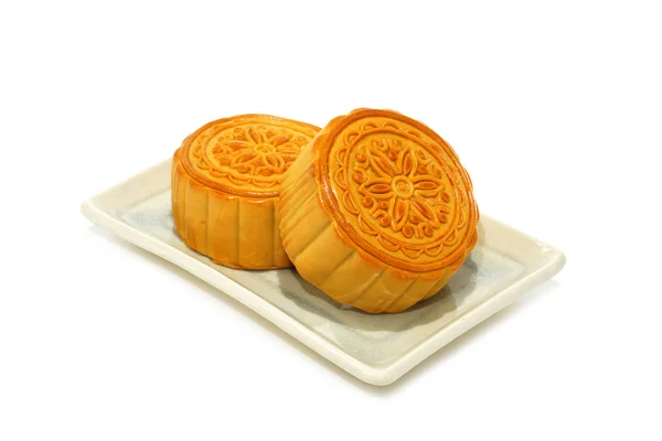 Chinese Mooncake on white background. (Patterns of flowers on th — Stock Photo, Image