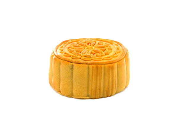 Mooncake chinois sur fond blanc. (Modèles de fleurs sur le th — Photo