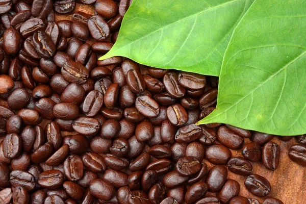 Granos de café tostados sobre madera. (café Arábica ) —  Fotos de Stock