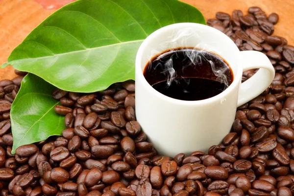 Кава і кавові зерна на фоні дерева — стокове фото