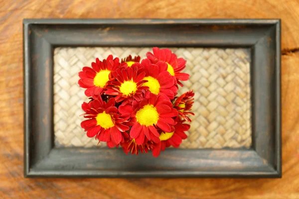 Flor crisântemo vermelho na bandeja de bambu (Dendranthemum grandiffl — Fotografia de Stock