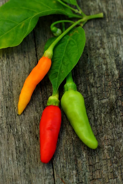 Pimientos verdes y rojos frescos y picantes en pisos de madera . —  Fotos de Stock