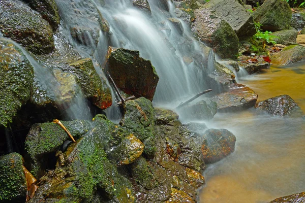 Hermosa de cascada pequeña que fluye sobre la roca en los frentes —  Fotos de Stock