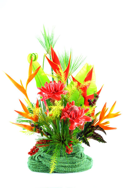 Flower arrangement with tropical flowers.