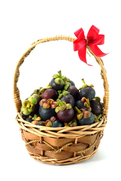 Mangosteen thai fruit in basket isolated on white background — Stock Photo, Image