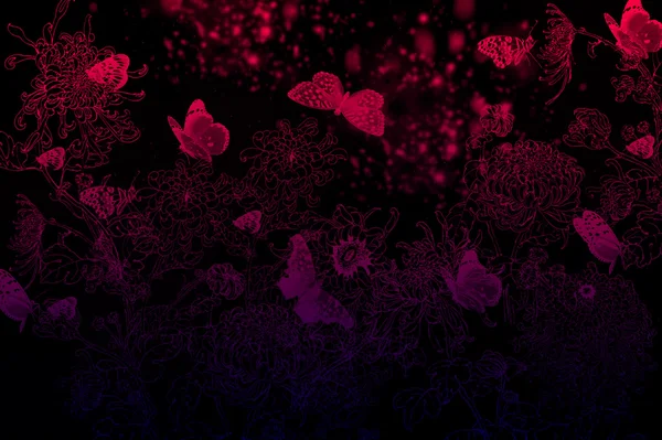 Schmetterlinge und Blumen im diffusen Hintergrund — Stockfoto