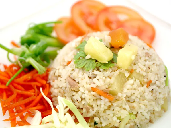 Rice with tuna fish and fruits. — Stock Photo, Image