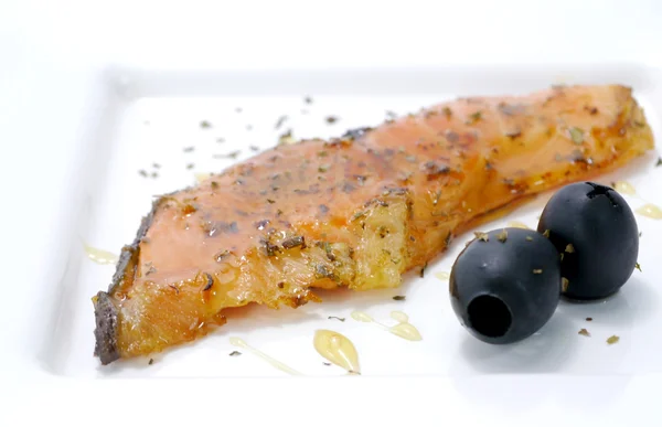 Salmon fried with spices and topped honey — Stock Photo, Image