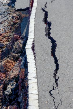 Fissures and erosion of the asphalt road by the earthquake. clipart