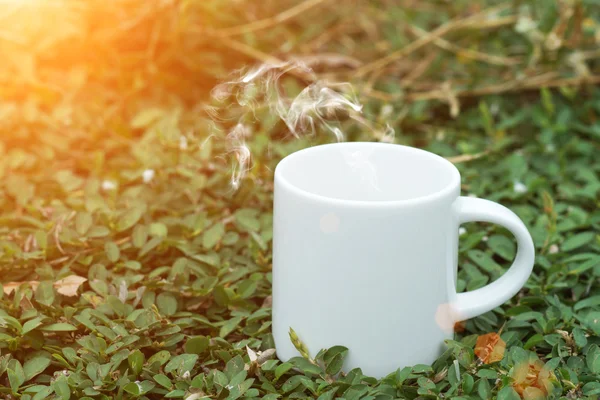 Café de la mañana con taza blanca en la hierba . — Foto de Stock