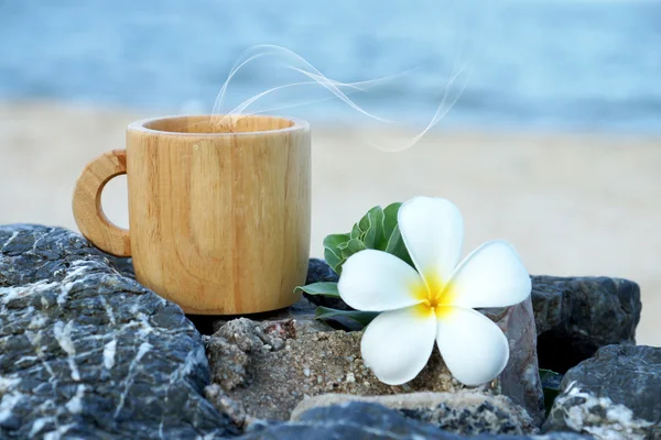 咖啡的海滩和鸡蛋花的花朵. — 图库照片