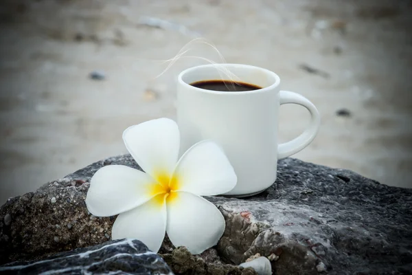 Café en la playa y flor de frangipani . — Foto de Stock